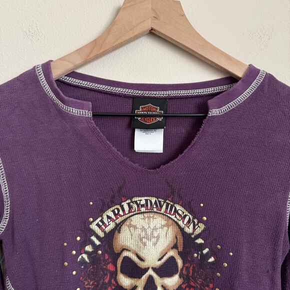 Vintage Y2K Harley Davidson Women Purple Longsleeve Size Medium Skull Biker Punk - Picture 2 of 13